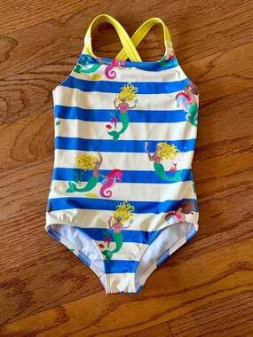 Cross-back Printed Swimsuit-Surf Blue Mermaid Stripe